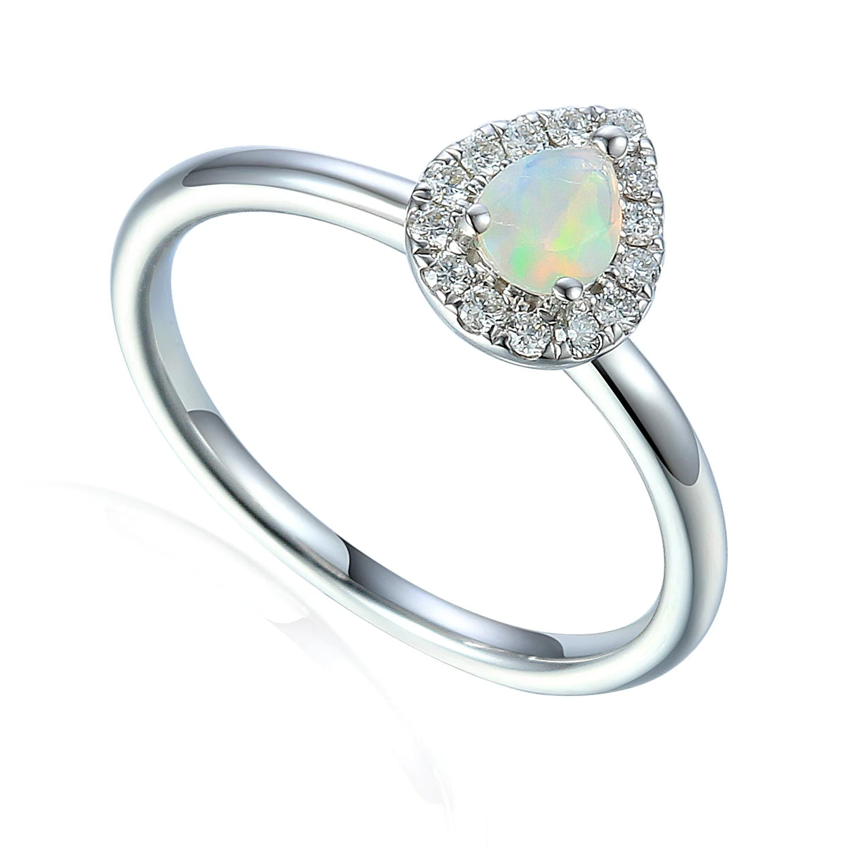 Pear-shaped Opal and diamond cluster ring in white gold