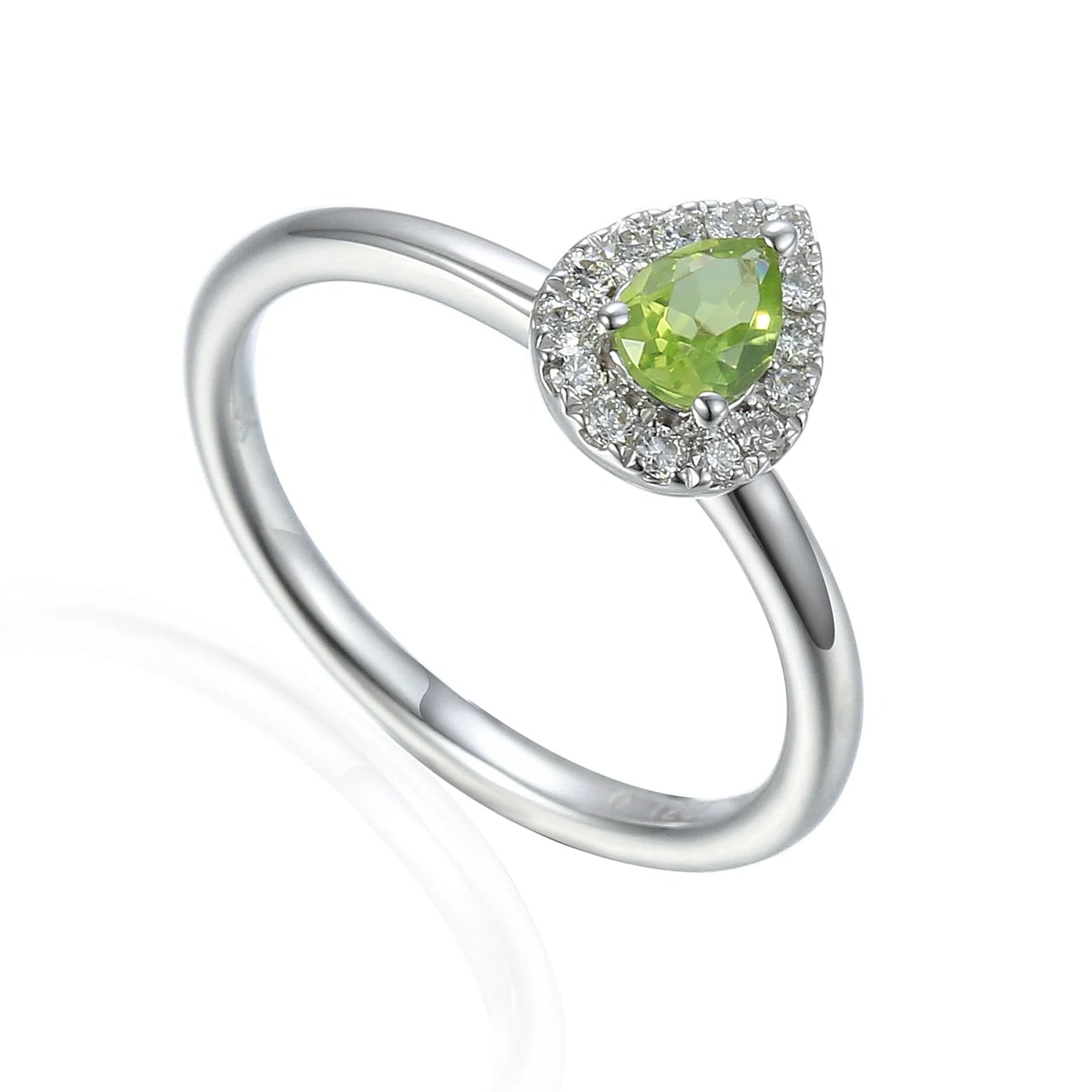 18ct white gold ring featuring a natural pear cut peridot surrounded by a sparkling natural diamond cluster