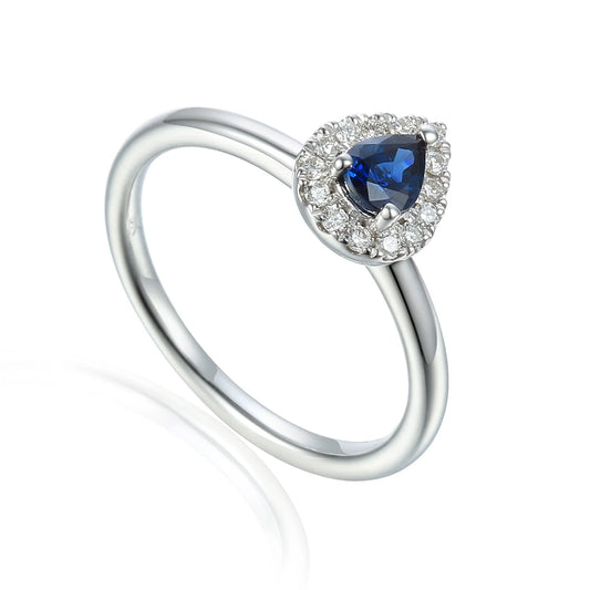 Pear-shaped Sapphire and diamond cluster ring in white gold