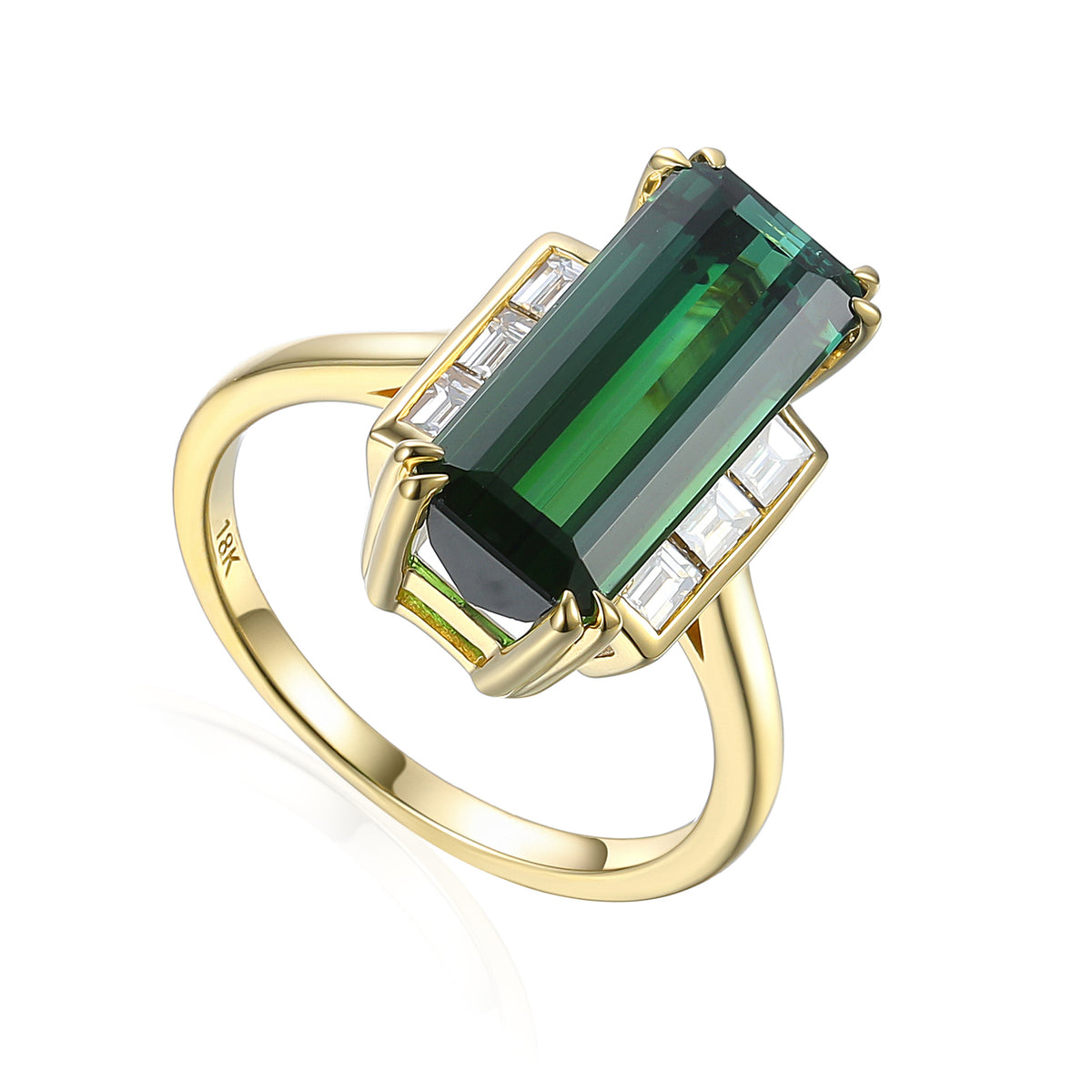 Emerald-cut green Tourmaline and baguette diamond ring in 18ct yellow gold