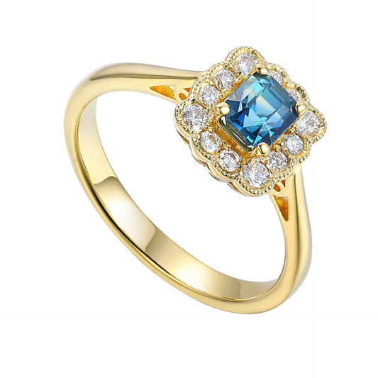 Antique Milgrain Ring With Octagon Teal Sapphire Centre in 18ct Gold