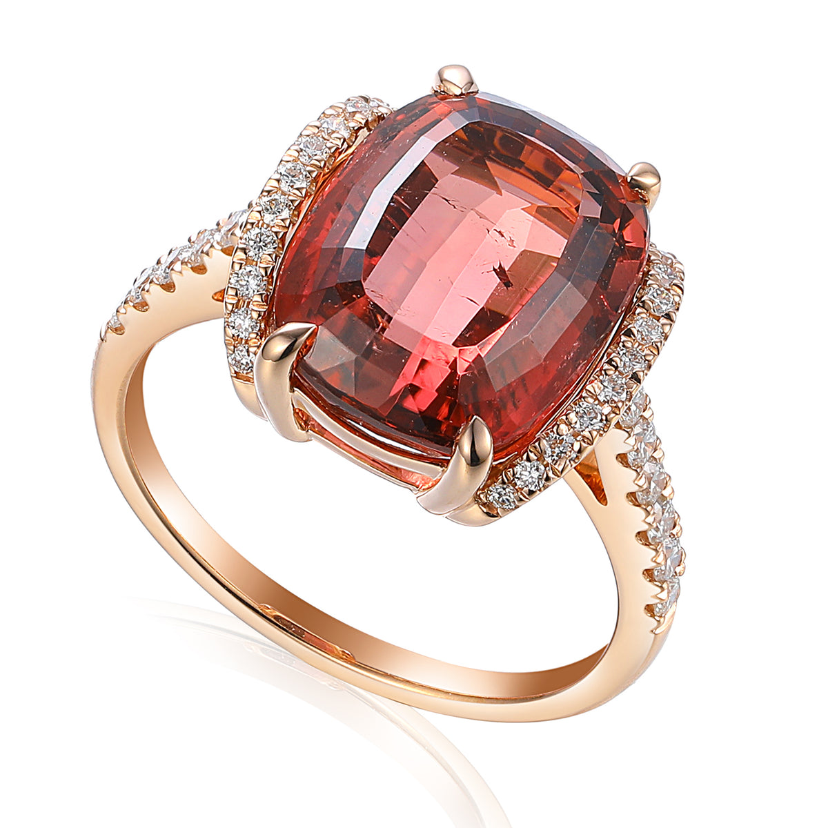 Cushion-cut pink Tourmaline and diamond halo ring in 18ct rose gold