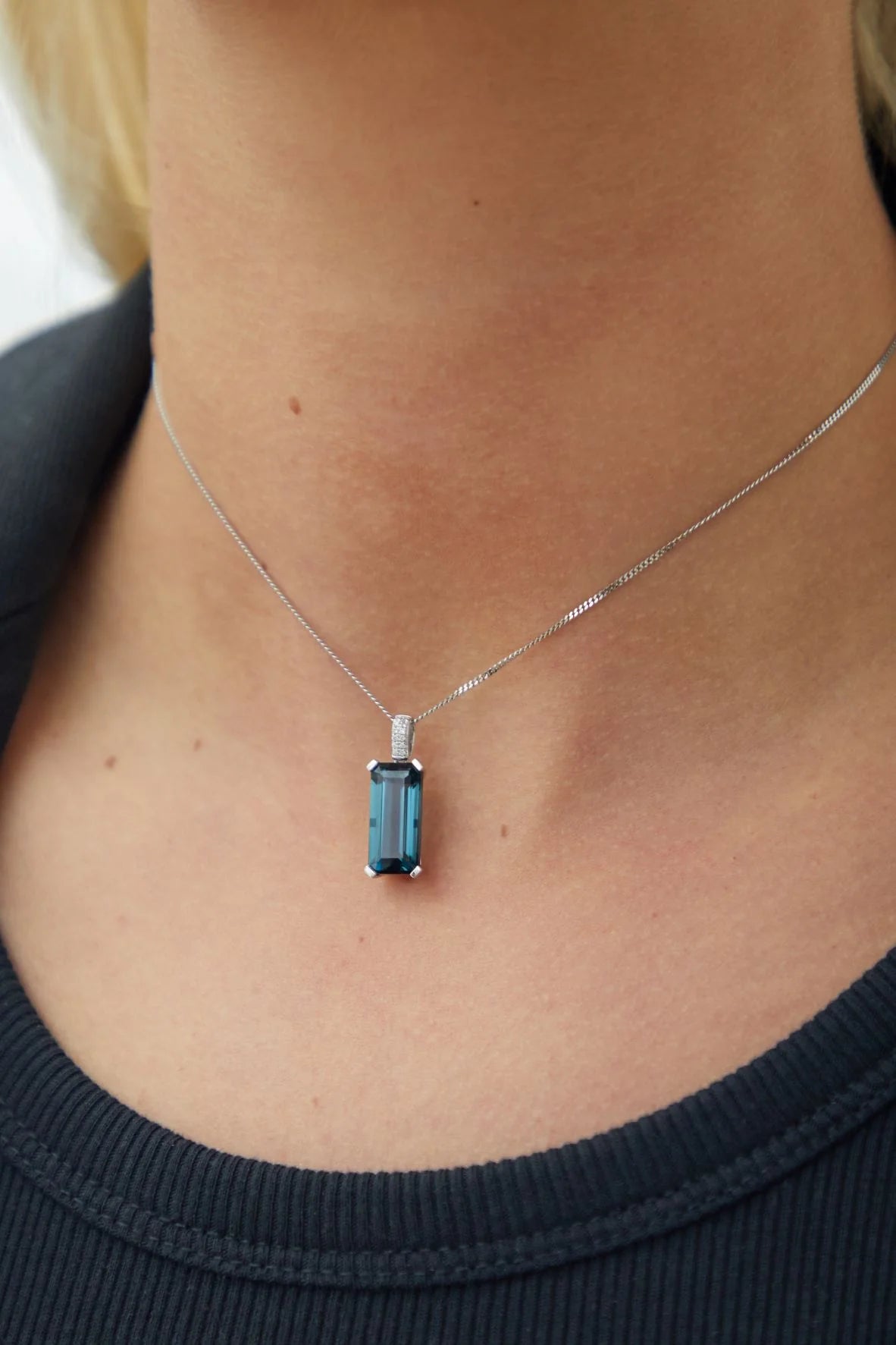 9ct Gold Long Octagon Citrine Pendant with Diamonds