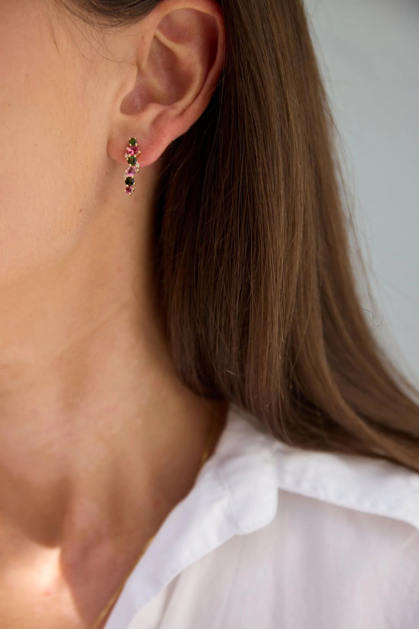 Pink and Green Tourmaline Earrings with Diamonds in Yellow Gold