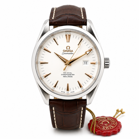 Omega Seamaster Aqua Terra Co-Axial Chronometer automatic watch with silver dial and brown leather strap