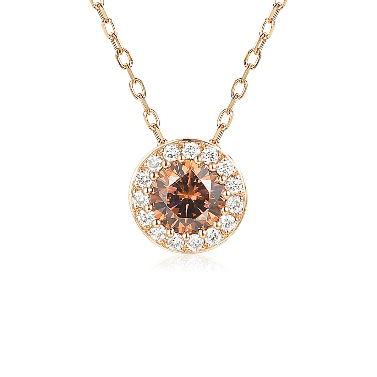 Whisky brown zircon and diamond halo pendant necklace in rose gold