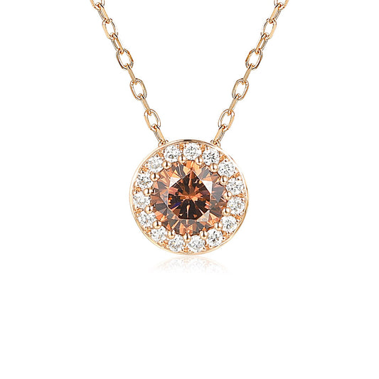 Whisky brown zircon and diamond halo pendant necklace in rose gold