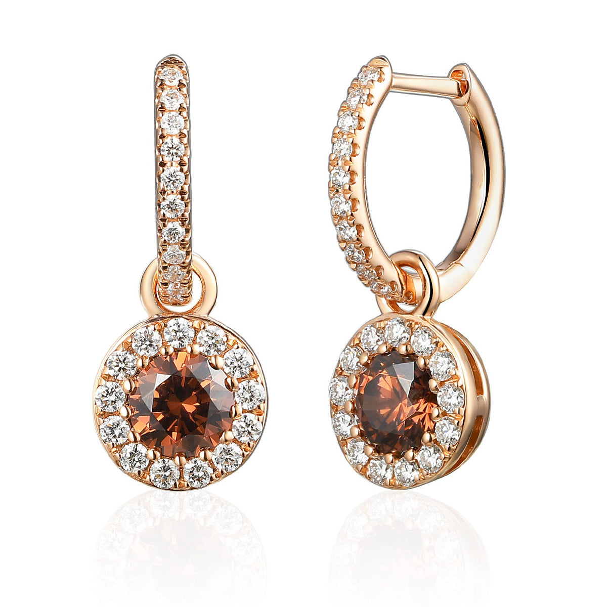 Whisky brown zircon and diamond drop earrings in rose gold with diamond-set hoops