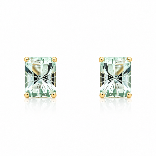 9ct yellow gold octagonal green amethyst stud earrings with pale mint gemstones