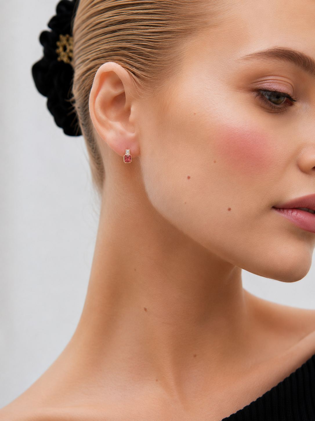 Pink tourmaline octagon drop earrings with emerald-cut diamonds in gold