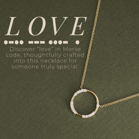 14ct White Gold Circle Necklace Diamond Featuring "LOVE" in Morse Code