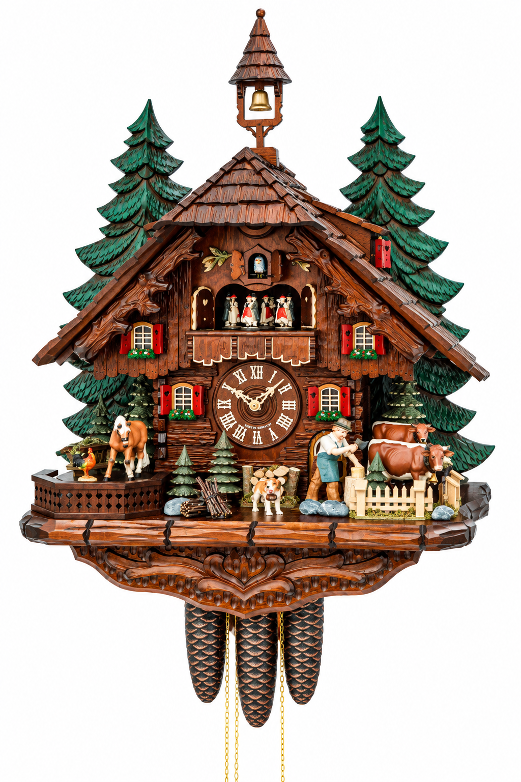 8-day German Black Forest musical cuckoo clock with carved forest chalet, fir trees, horses, woodcutter and traditional pine-cone weights.