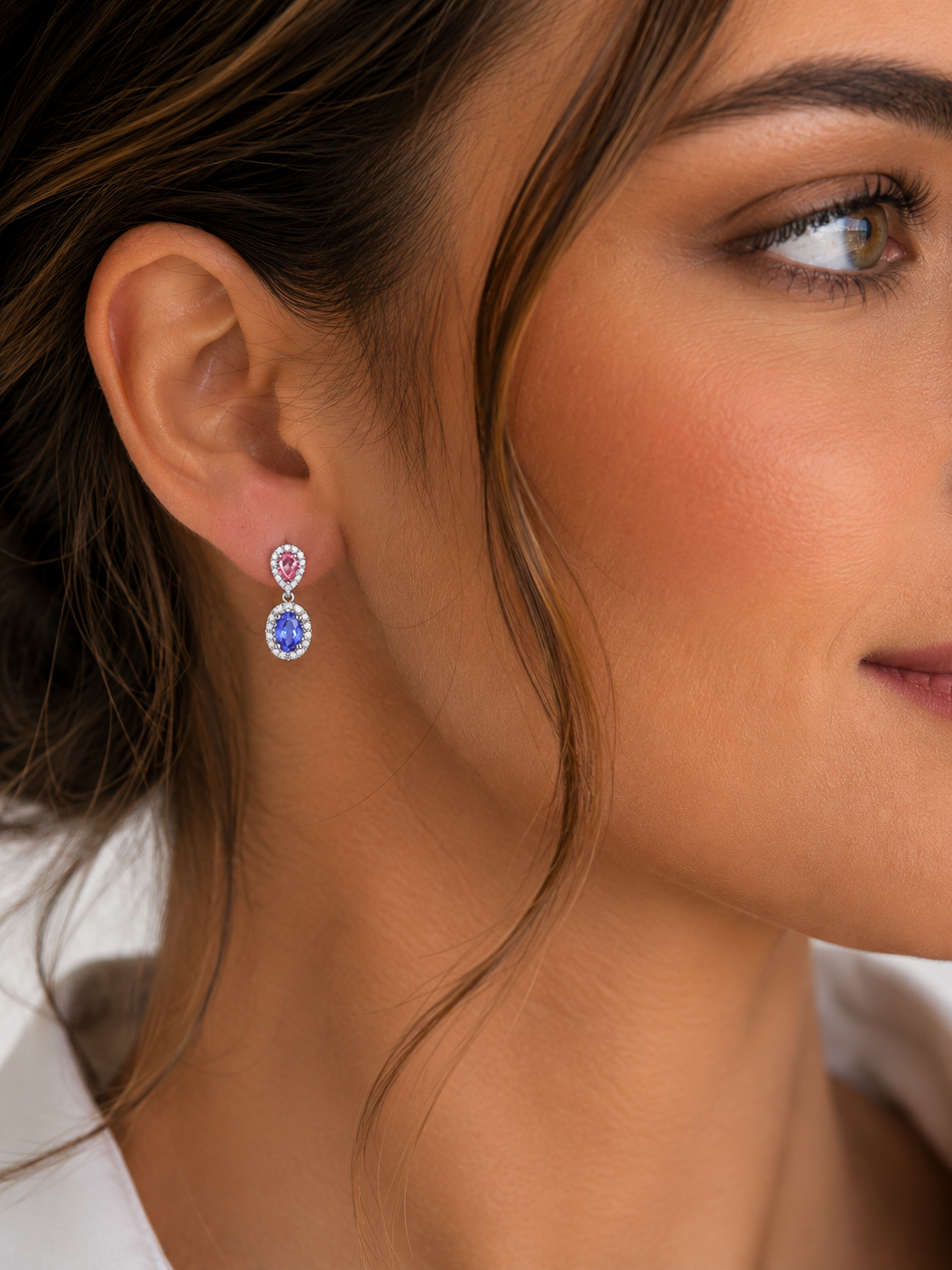 18ct White Gold Tanzanite and Tourmaline Drop Earrings with Diamonds