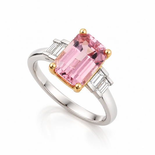 Blush pink tourmaline and baguette diamond ring in 18ct white gold with yellow gold head on a white background