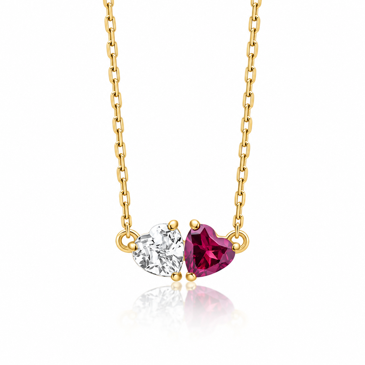 9ct yellow gold Toi et Moi heart necklace with white topaz and rhodolite garnet gemstones