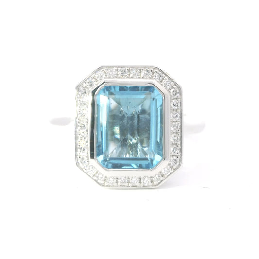 9ct White Gold Ring with Blue Topaz and Diamonds