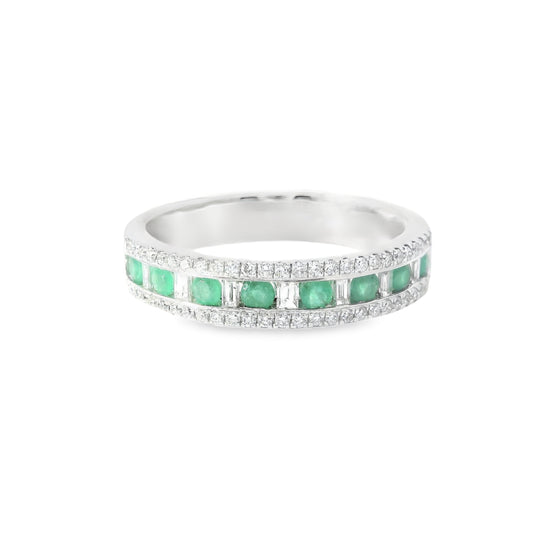 18ct White Gold Half Eternity Ring with Diamonds and Emeralds