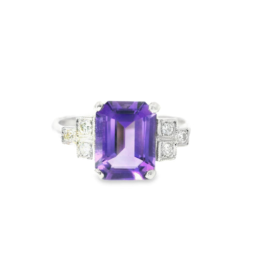 Platinum Art-deco Style Ring with Amethyst and Diamonds