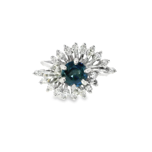18ct White Gold Art Deco Swirl Ring with Diamonds and Sapphires