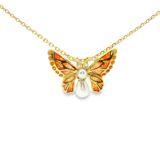 18ct Plique-A-Jour Butterfly and Akoya Pearl Pendant with Diamonds