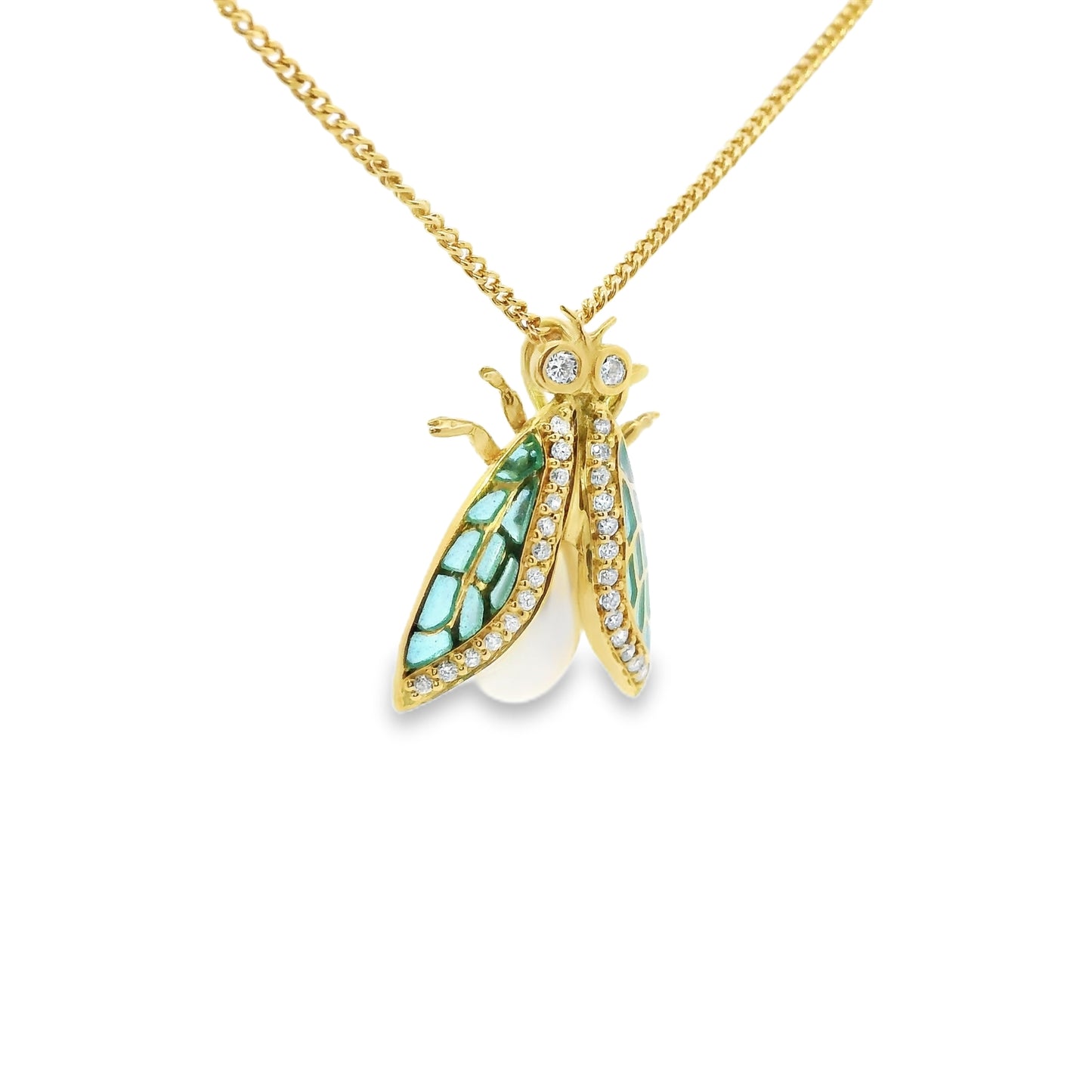 18ct Plique-A-Jour Fly and Akoya Pearl Pendant with Diamonds