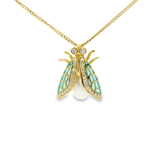 18ct Plique-A-Jour Fly and Akoya Pearl Pendant with Diamonds