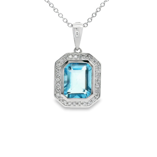 9ct White Gold Pendant with Blue Topaz and Diamonds
