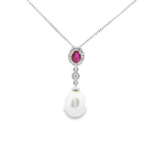 18ct White Gold Pendant with Fresh Water Pearl Rubies and Diamonds