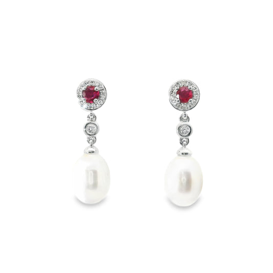 18ct White Gold Earrings with Fresh Water Pearl Rubies and Diamonds