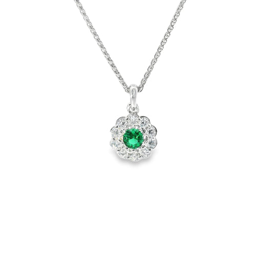 Silver & Emerald Cubic Zirconia Flower Necklace