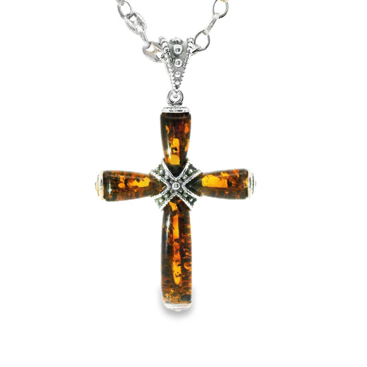 Silver Amber Cross Pendant