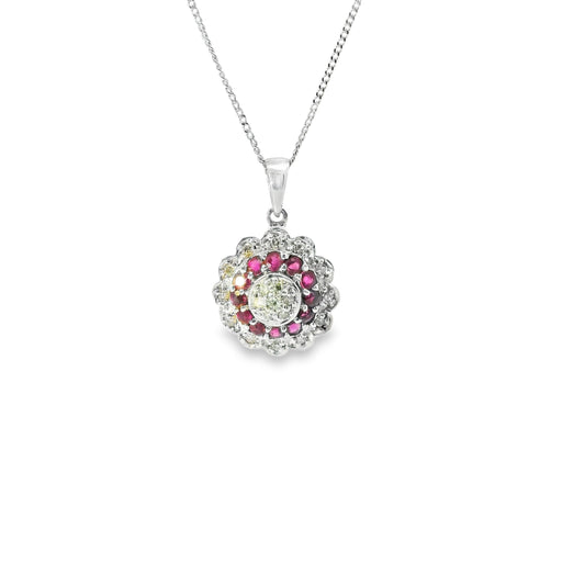 9ct White Gold Diamonds and Rubies Flower Necklace