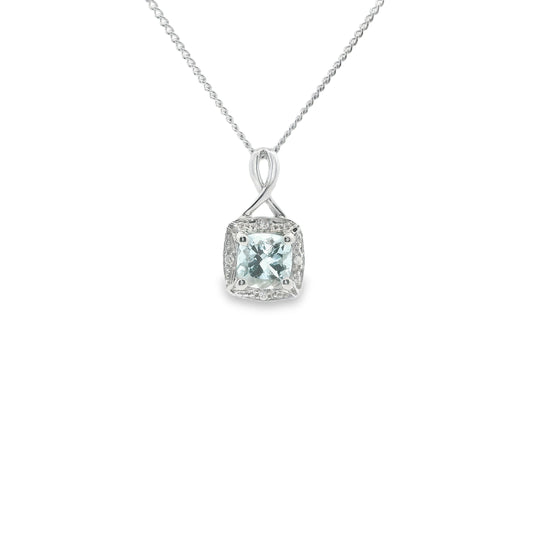 9ct White Gold Twist Pendant with Aquamarine and Diamonds