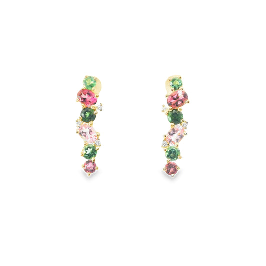 9ct Gold Pink and Green Tourmaline Earrings with Diamonds