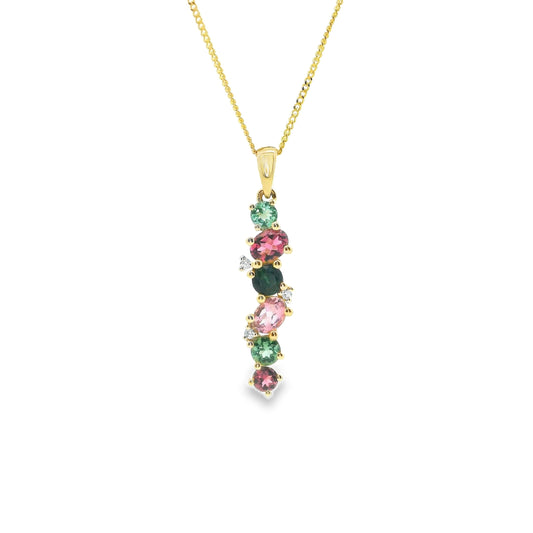9ct Gold Pink and Green Tourmaline Pendant with Diamonds