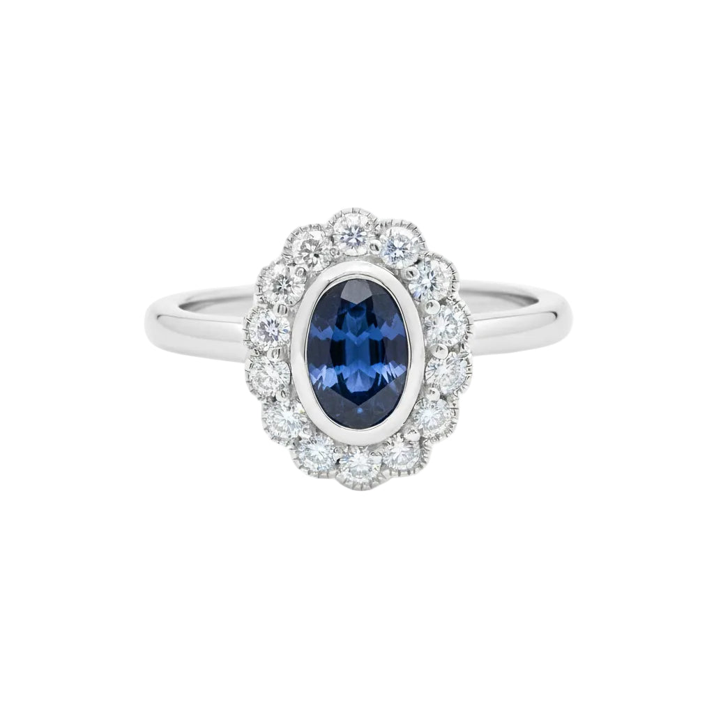 Daisy Sapphire and Diamonds Ring in 18ct White Gold
