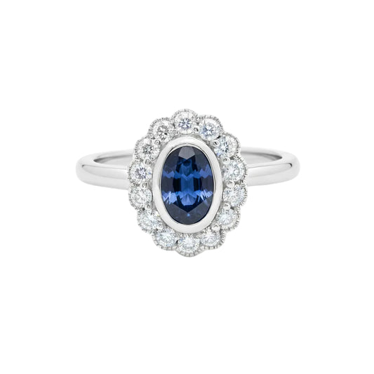 Daisy Sapphire and Diamonds Ring in 18ct White Gold