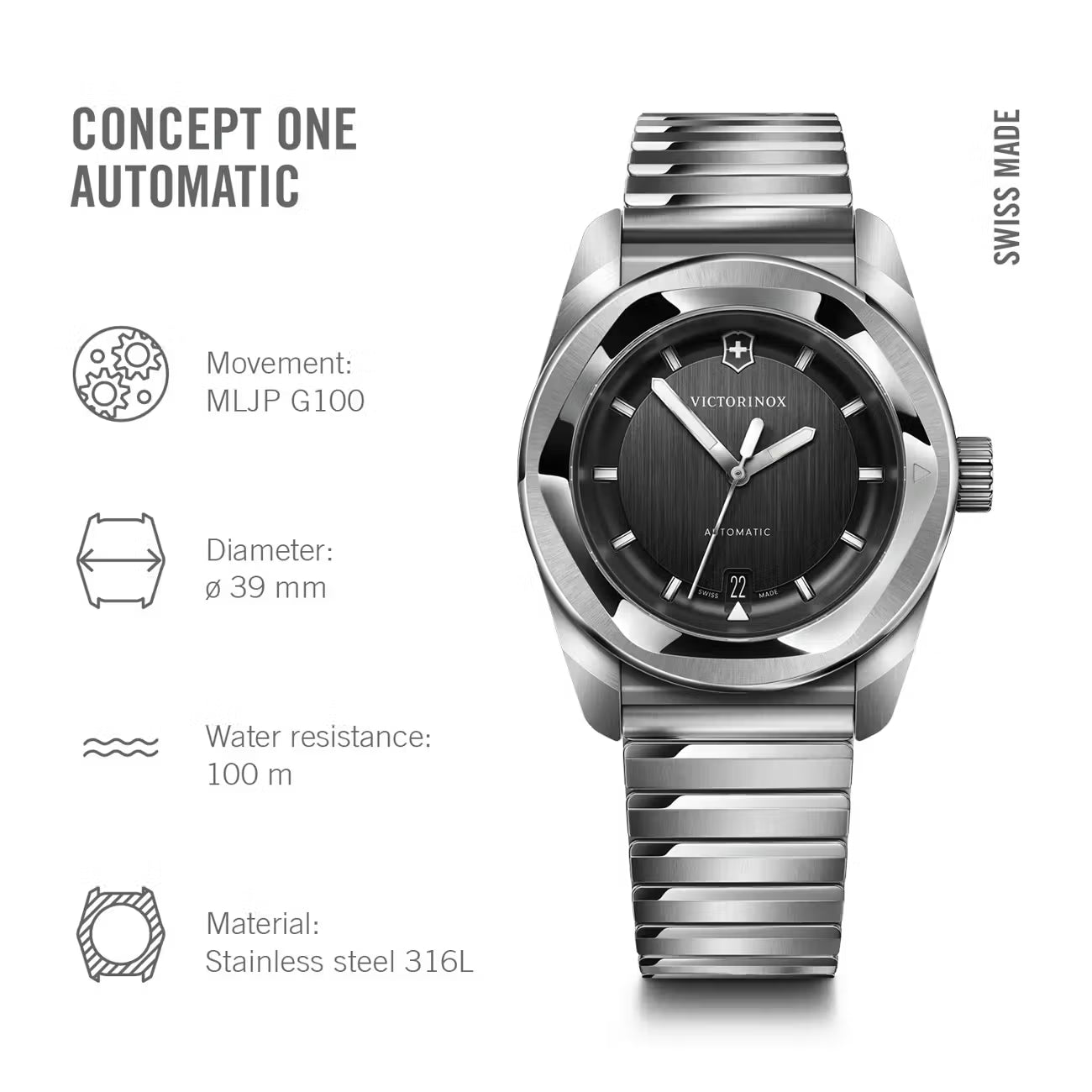 Front view of Victorinox Concept One Automatic 242059 stainless steel automatic watch