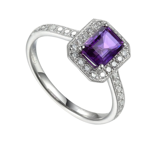 White Gold Octagon Amethyst and Diamond Milgrain Ring