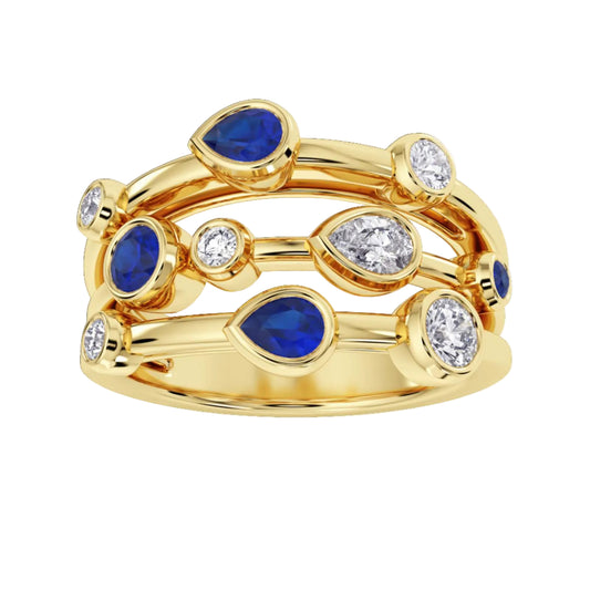 Pear Blue Sapphire in Rubover Setting Ring with Diamond