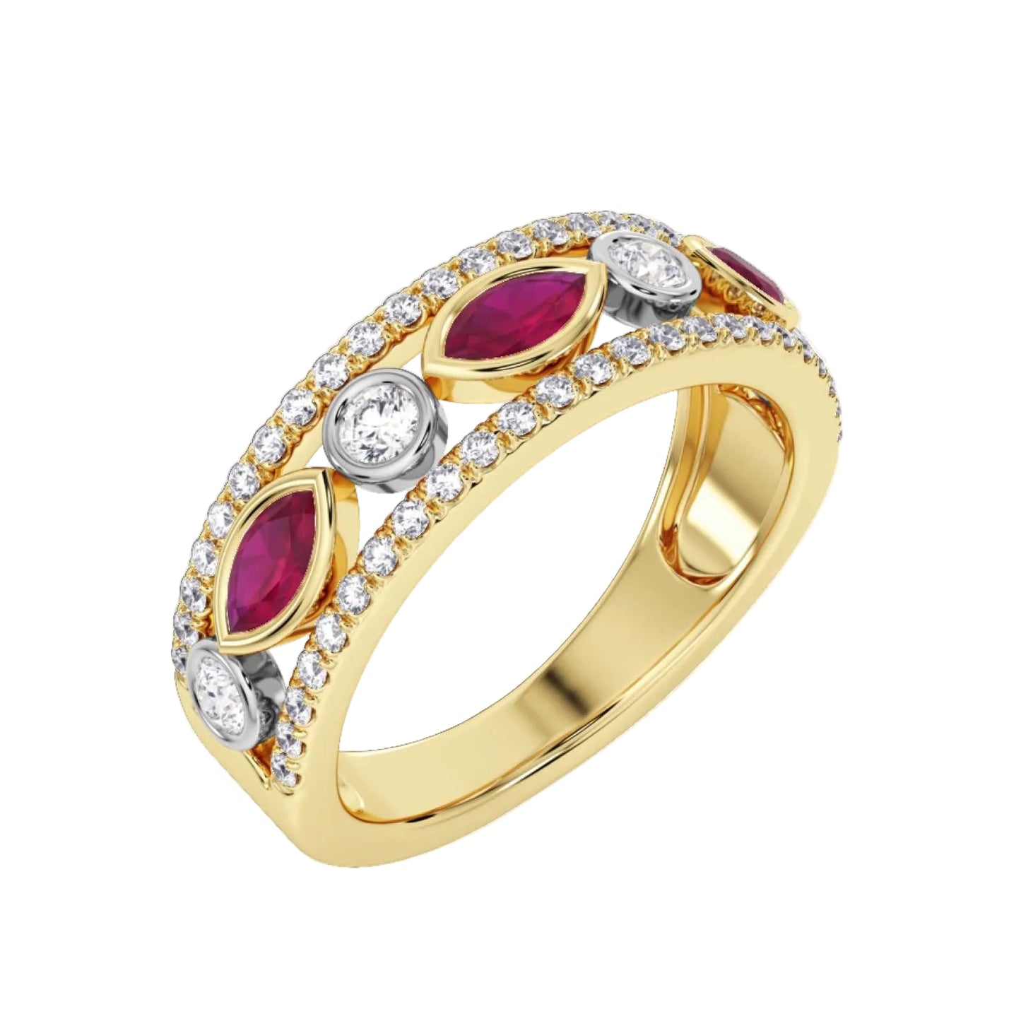 18ct Yellow Gold and Platnium Ring with Rubies and Diamonds