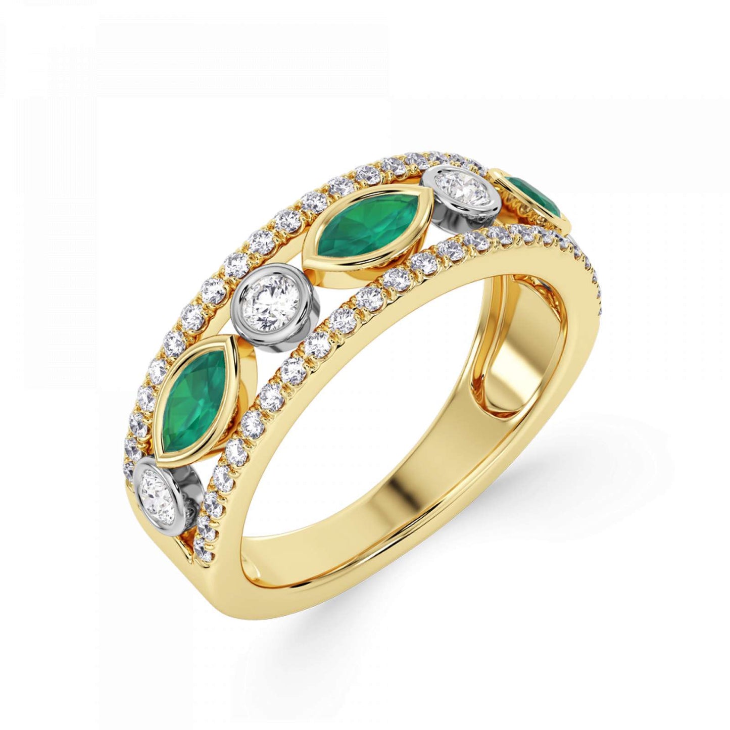 18ct Yellow Gold and Platinum Marquise Emerald and Diamond Ring