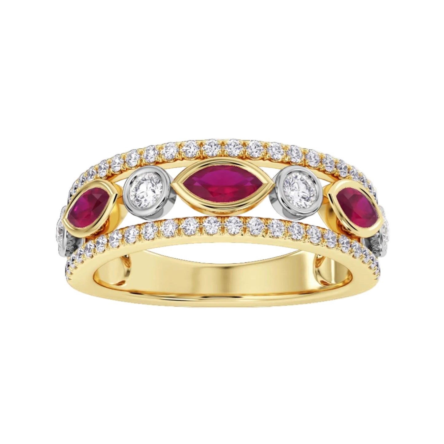 18ct Yellow Gold and Platnium Ring with Rubies and Diamonds