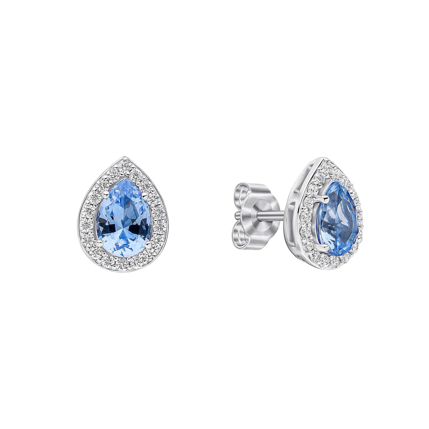 Aquamarine Blue Zirconia Halo Teardrop Stud Earrings