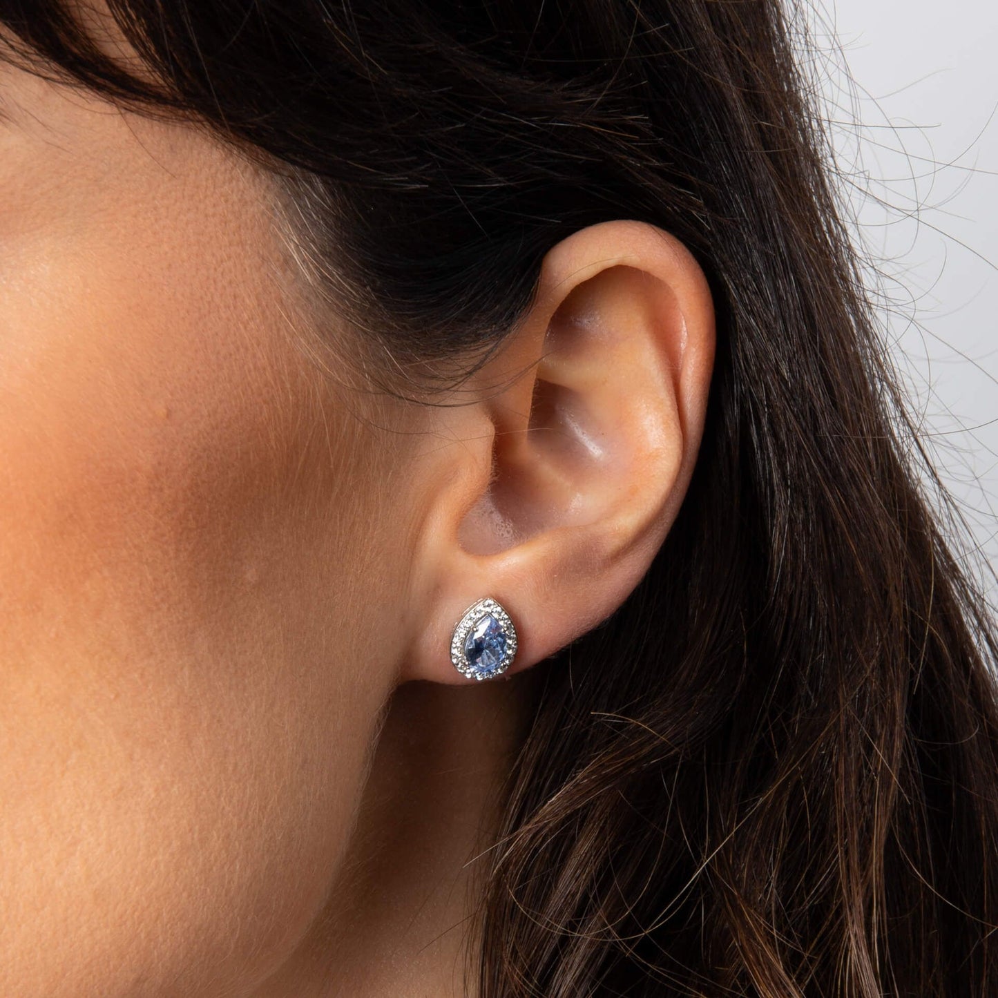 Aquamarine Blue Zirconia Halo Teardrop Stud Earrings