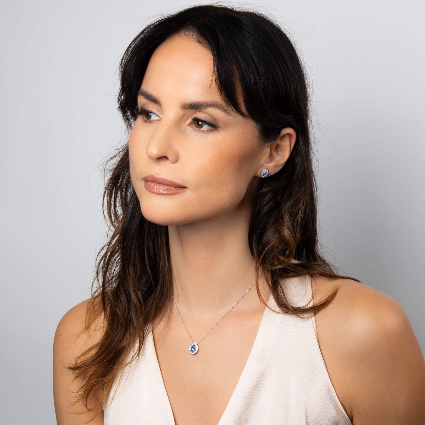 Aquamarine Blue Zirconia Halo Teardrop Stud Earrings