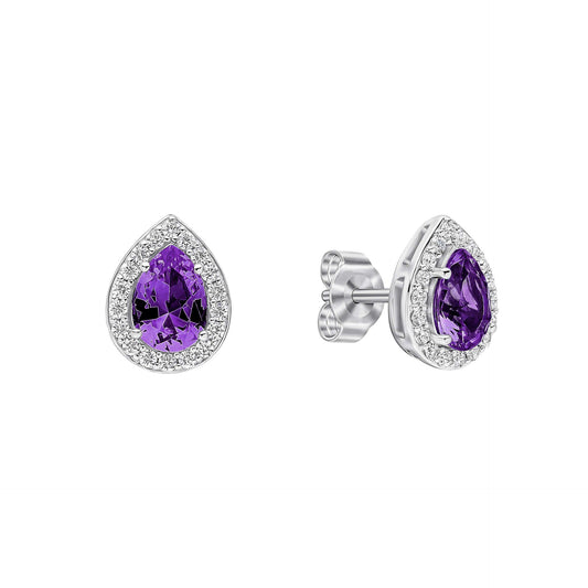 Purple Amethyst Zirconia Halo Teardrop Stud Earrings