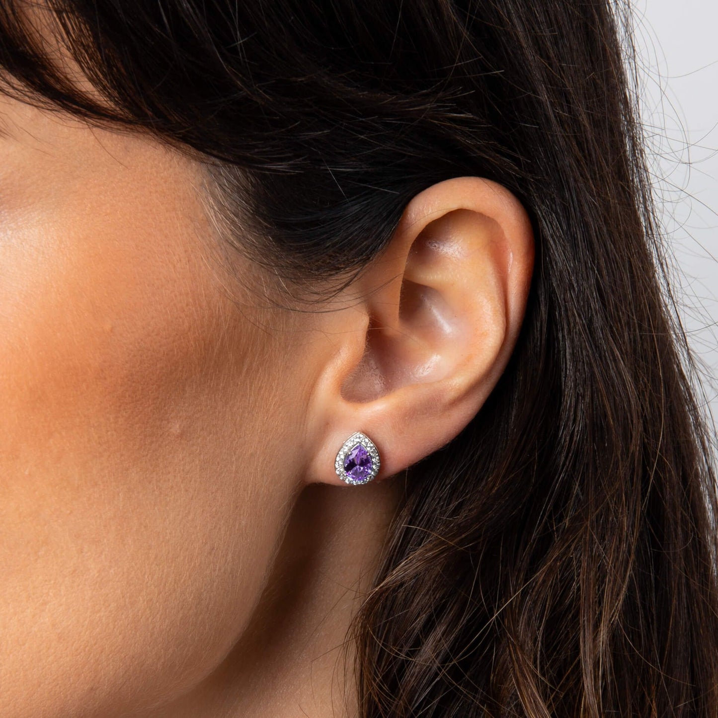 Purple Amethyst Zirconia Halo Teardrop Stud Earrings