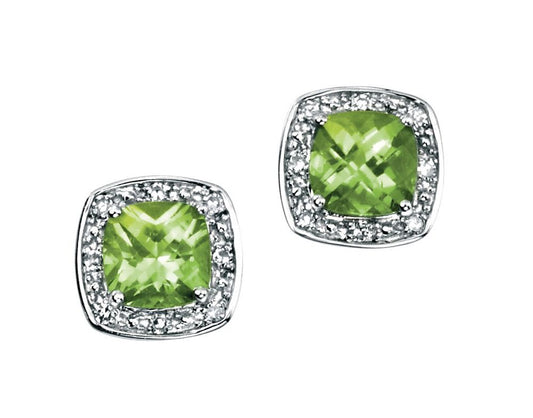 Cushion Cut Peridot Earrings with Diamond Surround in 9ct Gold