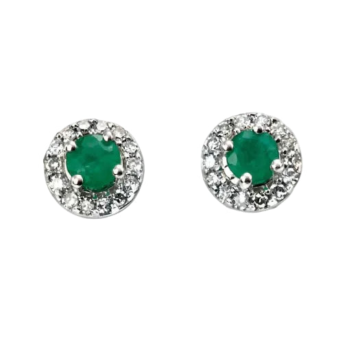 Round Emerald Stone Earrings with Diamond Surround
